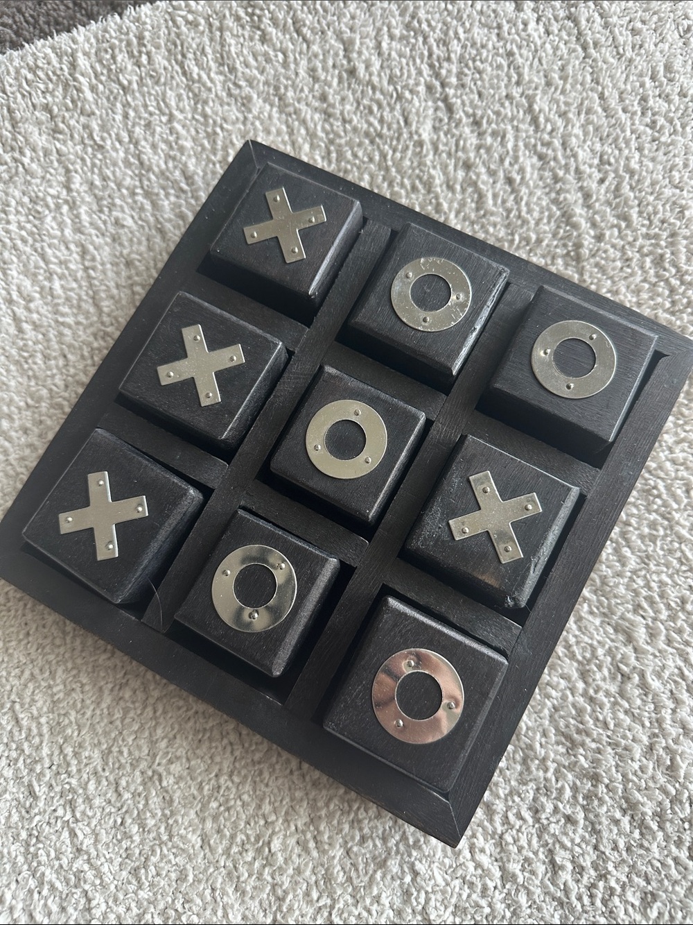 Classic Wooden Tic-Tac-Toe Game Board in Black with Silver Accents
